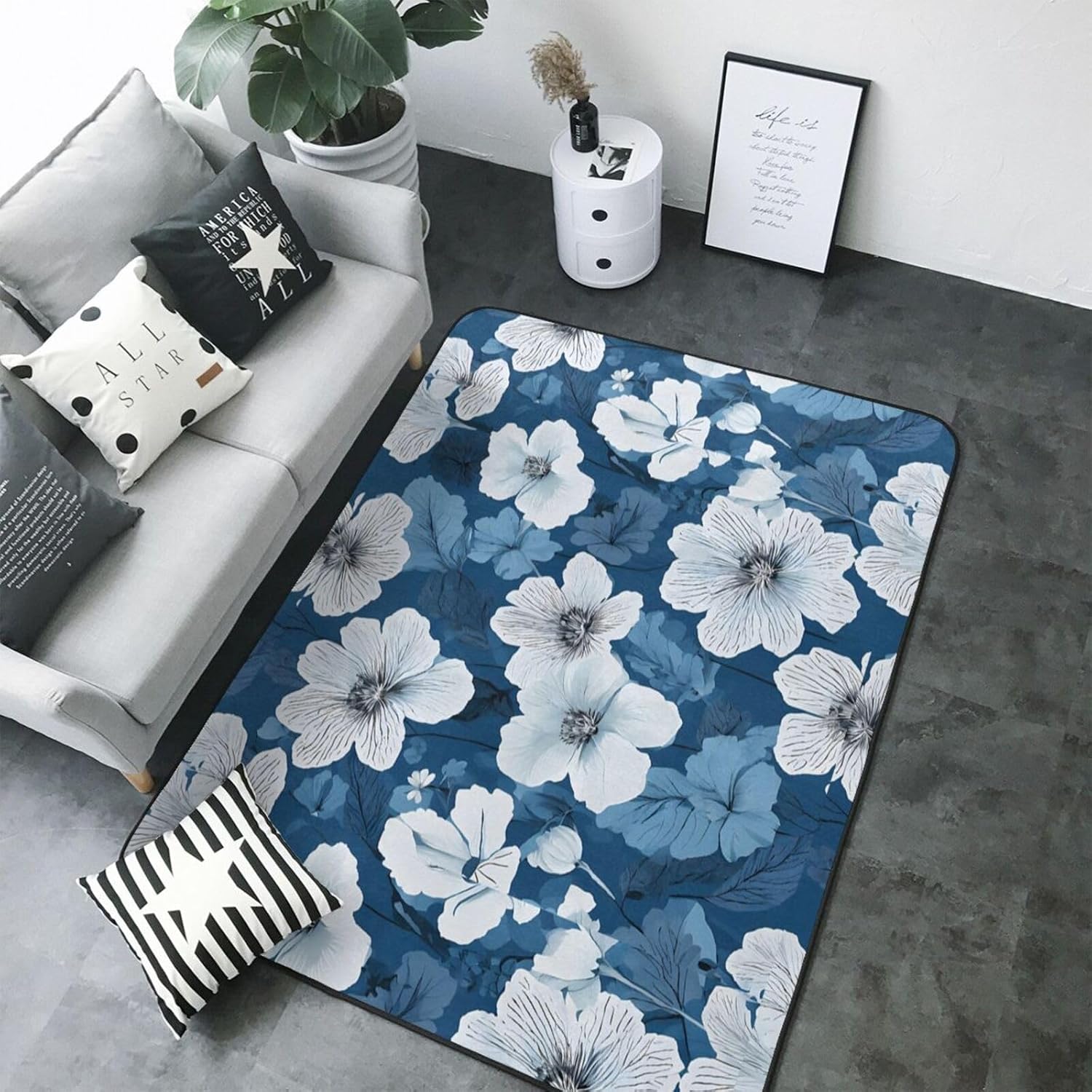Flannel Non-Slip (Blue Hibiscus) Rug Pad 80×50in Soft Washable Protective for Hardwood Floors Bedroom Bathroom Living Room