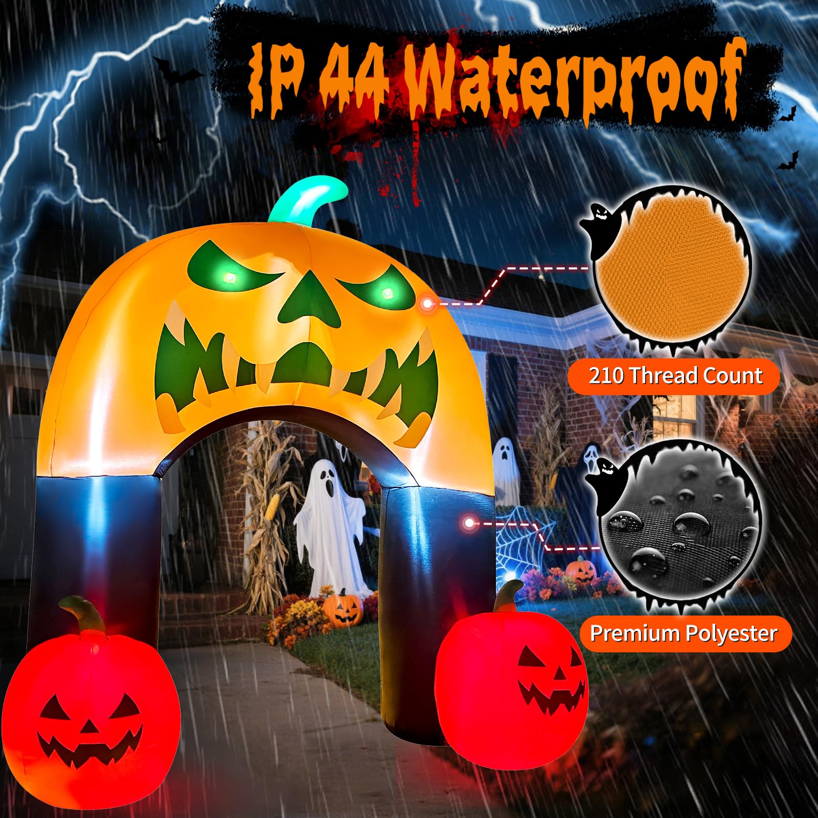 Zucca gonfiabile di Halloween con gatto strega a LED, decorazione animata da cortile per esterni, prato, feste, balcone e patio (arco di zucca da 3 m)