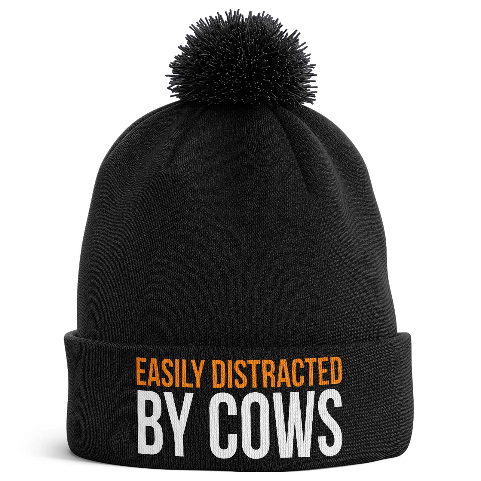Purple Print House Farming Gifts - Easily Distracted by Cows Funny Beanie Hat - Tractor Gifts Farmers Gifts (Black Bobble)