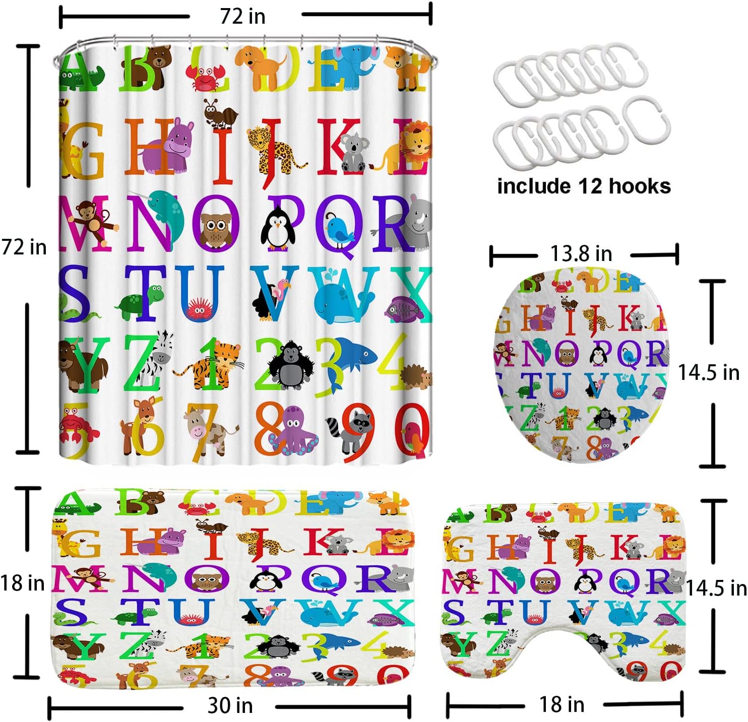 Cartoon Animal Alphabet Shower Curtain Sets, 4 Pcs Kids Educational Graphic ABC Learning Shower Curtain for Bath Curtain Set with Rugs,Cartoon Fun Facts Geography, with 12 Hooks(72X72in)