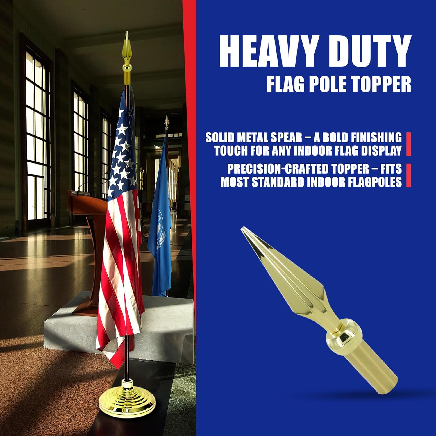 Flat Metal Spear - Gold | Indoor Flagpole Topper | Gold Finished Brass Ferrule | 7" High by 1.75" Wide | Fits 1.25" Pole with a 7/8" Tapered End | Suitable for Indoor Home - Image 5