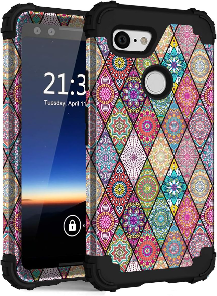 Hocase Pixel 3 Case, Shockproof Heavy Duty Protection Hard Plastic Cover+Silicone Rubber Case Hybrid Dual Layer Protective Phone Case for Google Pixel 3 2018 w/ 5.5" Display - Mandala Flowers