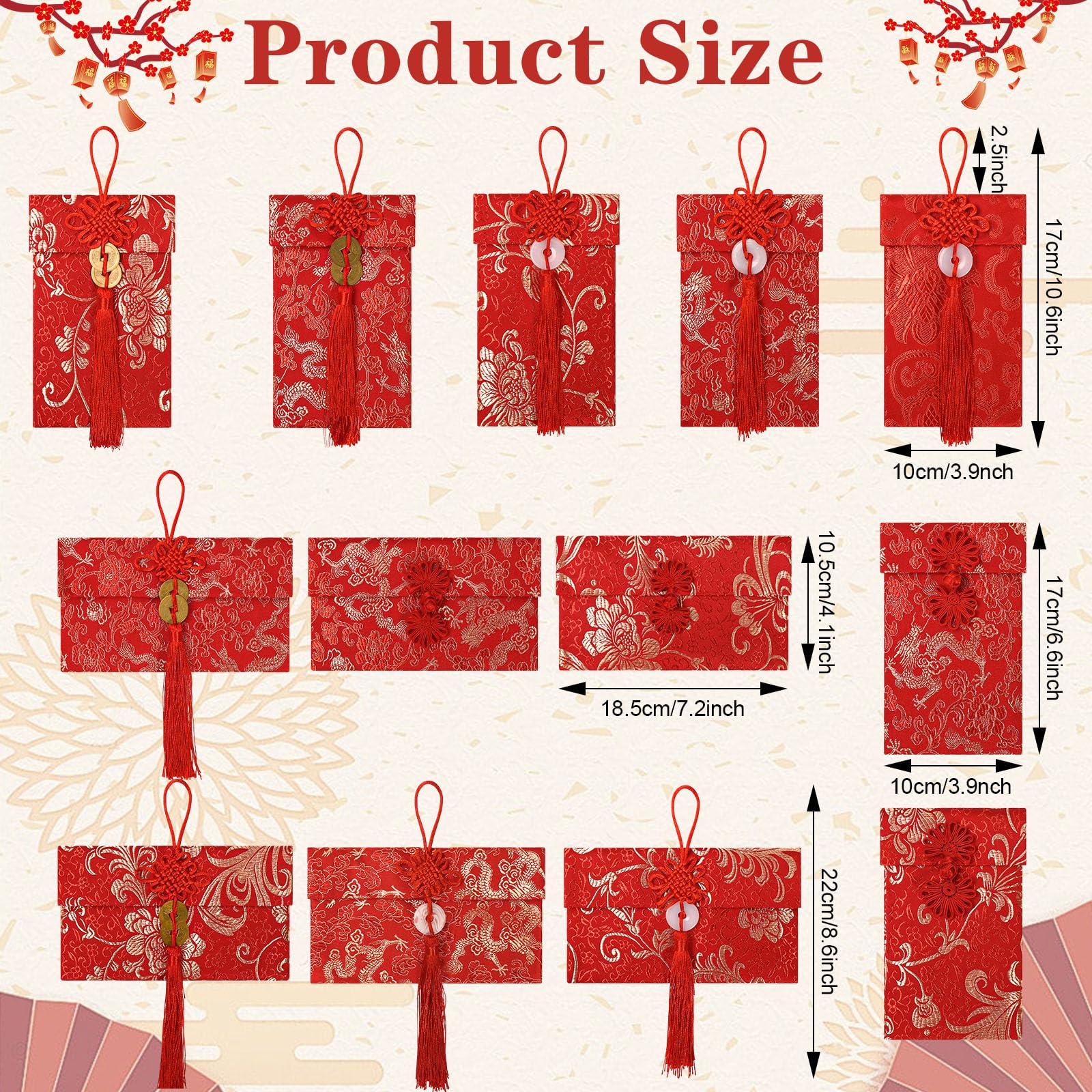 Lot de 13 enveloppes rouges chinoises en soie pour argent porte-bonheur Hong Bao pour printemps, festival, mariage, Nouvel An, anniversaire, 13 styles avec nœud chinois, pendentif en jade et pièce de
