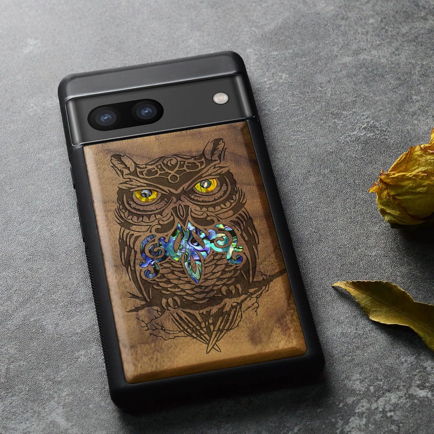 Carveit Designer Wooden Case for Google Pixel 8a Case Cover [Wood Engraving & Shell Inlay] Compatible with Wireless Chargers Pixel 8a (an Owl Perched on a Branch-Walnut)