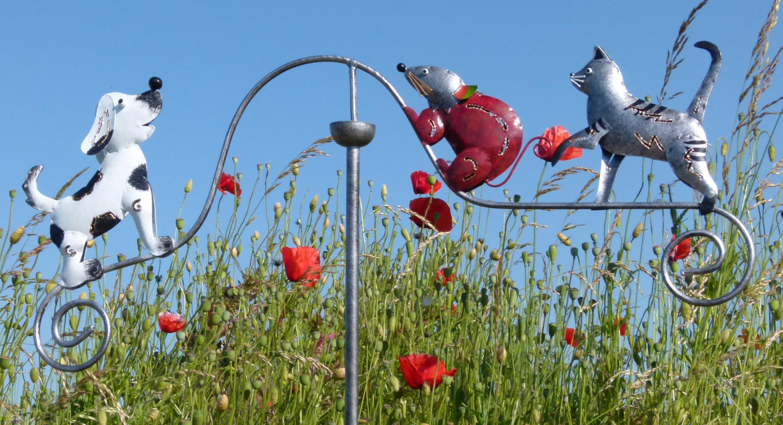 Pommerntraum ®| Windspiel Metallwindspiel Hund Katze Maus Gartenstecker | Gartendeko Balkondeko Gartenkunst Gartenpendel Hund Katze Maus Hundedeko Katzendeko Mäusefigur Tierfigur (HUND KATZE MAUS)