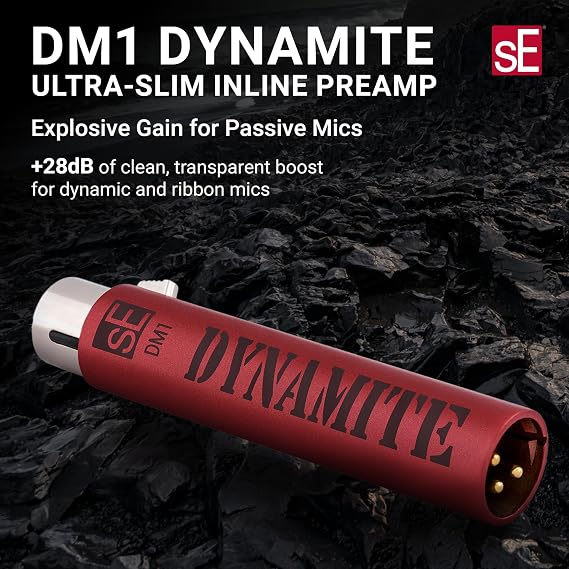 SE ELECTRONICS DM1 Dynamite Ultra-Slim Inline Microphone Preamp for Ribbon & Dynamic Microphones - Mic Preamp with +28dB Gain for Clean, Natural Sound - Ideal for Podcasting & Live Sound (Red)