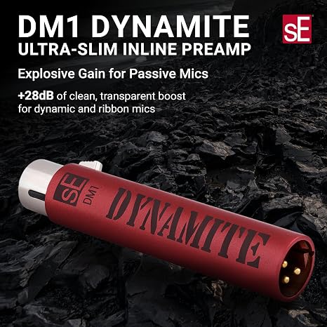 SE ELECTRONICS DM1 Dynamite Ultra-Slim Inline Microphone Preamp for Ribbon & Dynamic Microphones - Mic Preamp with +28dB Gain for Clean, Natural Sound - Ideal for Podcasting & Live Sound (Red)