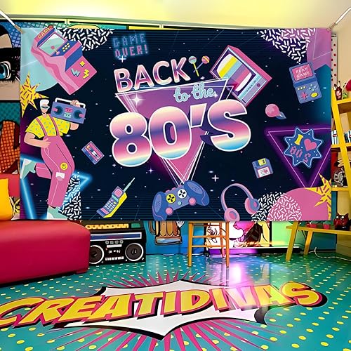 Miniatura 4 de Pancarta de fondo de fiesta temática de los años 80 de 6 x 3.6 pies, diseño retro de videojuegos, decoración de fiesta de cumpleaños de los años 80,