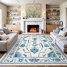 Uphome 8x10 Rugs for Living Room, Blue Turkish Non-Slip Bedroom Rug, Oriental Floral Washable Rug for Dorm, Modern Abstract Aesthetic Soft Floor Carpet for Dining Room Nursery Girls Room
