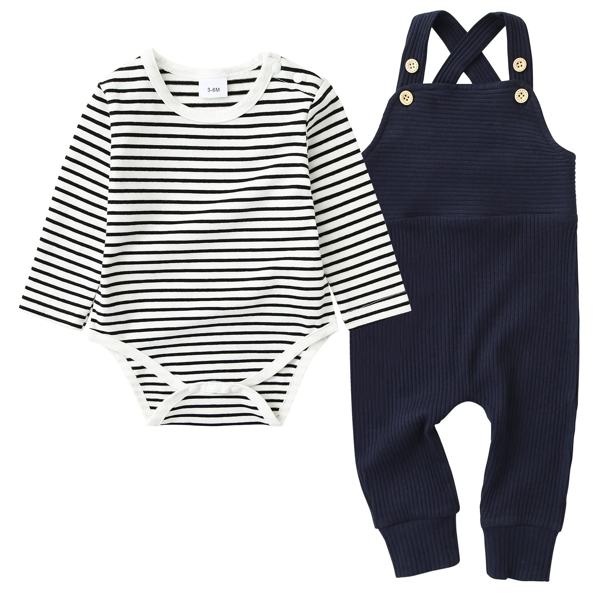 Ropa de bebé recién nacido, 2 piezas de mameluco para niños pequeños primavera/verano a rayas + pantalones de babero (0-3 meses)