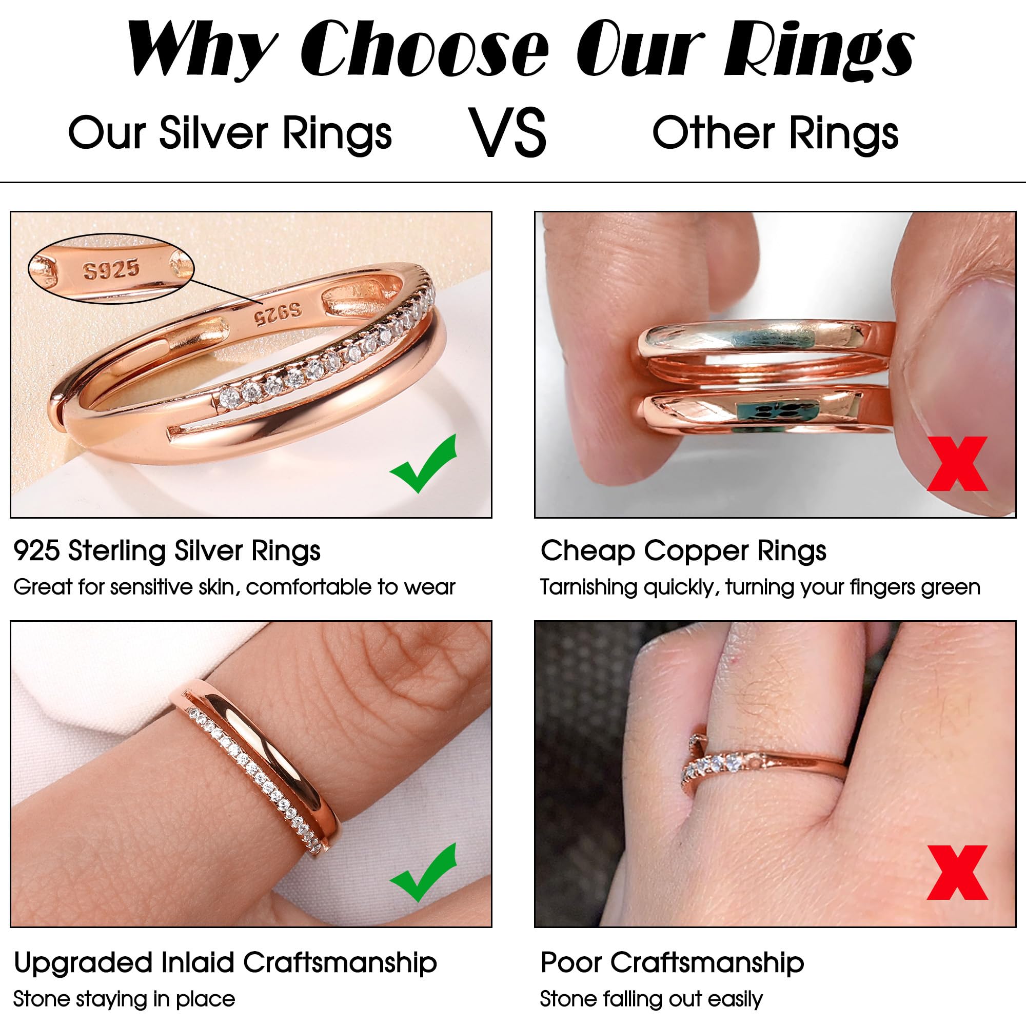 Adramata Ring Silber 925 Damen Verstellbar Verlobungsring Eheringe Engagement Ringe Frauen Stapeln Daumenring Einfache Band Ring Gold Rosegold Silber Ring für Damen Schmuck Geschenke für Frauen