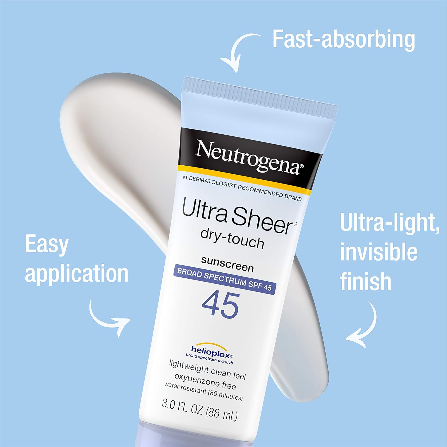 Neutrogena Ultra Sheer Dry-Touch Water Resistant and Non-Greasy Sunscreen Lotion with Broad Spectrum SPF 45, TSA-Compliant travel Size, 3 fl. oz, Pack of 2
