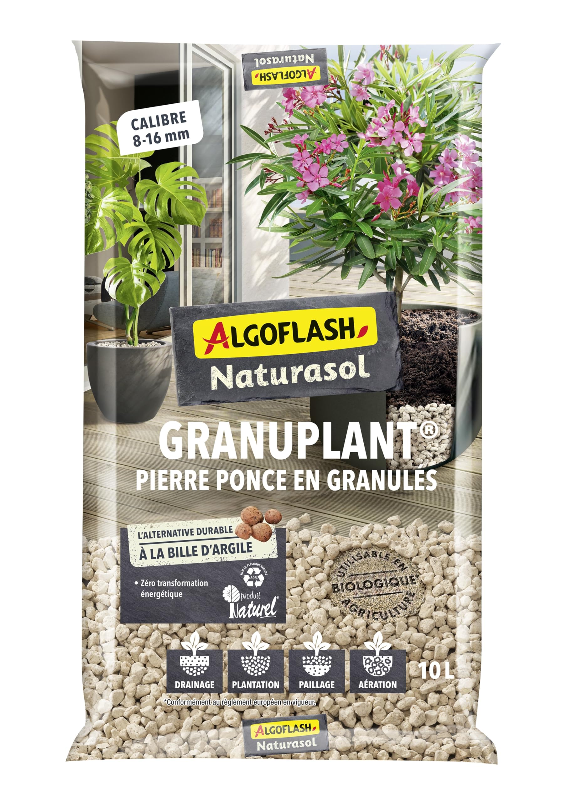 Algoflash Naturasol Granulado de drenaje y plantación – Piedra pómez 100% natural – Alternativa duradera a la bola de arcilla – 10 l