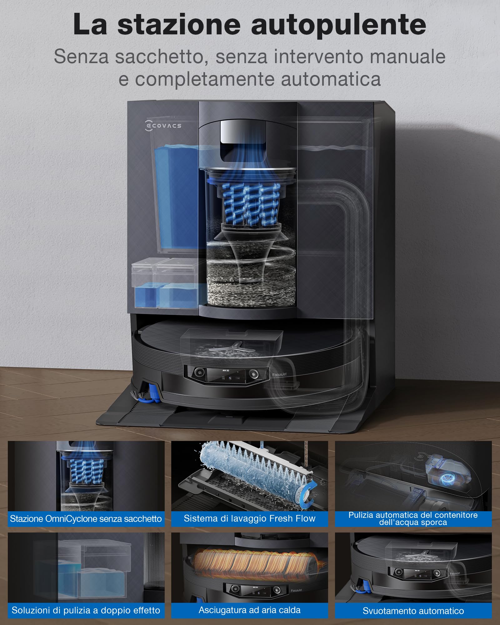 ECOVACS X12 OMNICYCLONE Care Complete Robot aspirapolvere lavapavimenti, BLAST e 22.000 Pa, FocusJet anti-macchie, PowerBoost ultrarapido, OZMO ROLLER 3.0, rullo esteso, PureCyclone 2.0