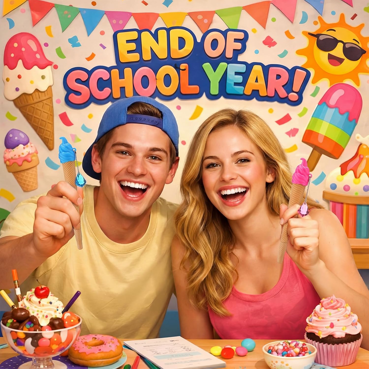Marspark 36 Sets End of Year Gifts Includes 36 Ice Cream Pens Black Ink, 36 Gift Cards and 36 Mesh Bags for End of Term Summer Birthday Graduation Ice Cream Party Favors for Reward Teacher Supply