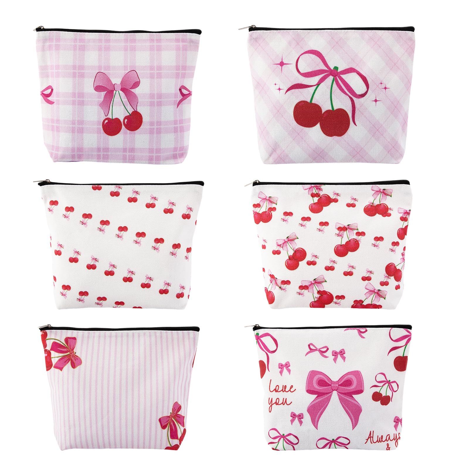 JFEHBFL 6 Pack Pink Makeup Bag, Cute Bow Cherry Cosmetic Bags for Women, Preppy Makeup Bag with Zipper, Small Pouch, Pencil Case, Cherry Gifts Bow