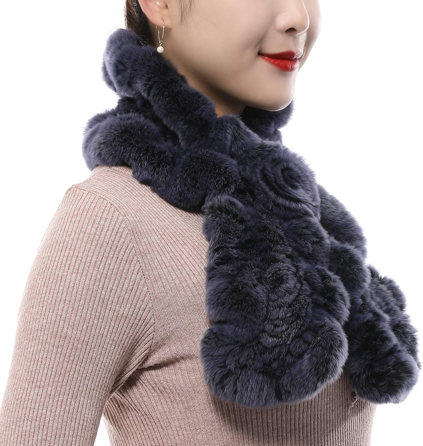 Valpeak Fur Scarves for Women Rabbit Fur Scarf Wrap Wave Cut Fur Neck Warmer Scarf for Winter Knitted Fuzzy Fluffy - Image 2