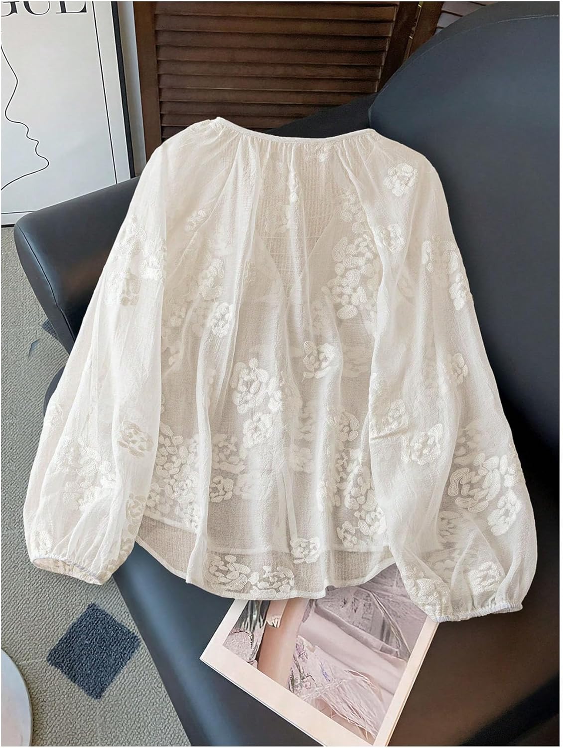 GORGLITTER Women's Boho Peasant Blouses Floral Embroidered Tops Summer Sheer Tie Front Flowy Long Sleeve Button Up Shirts - Image 2