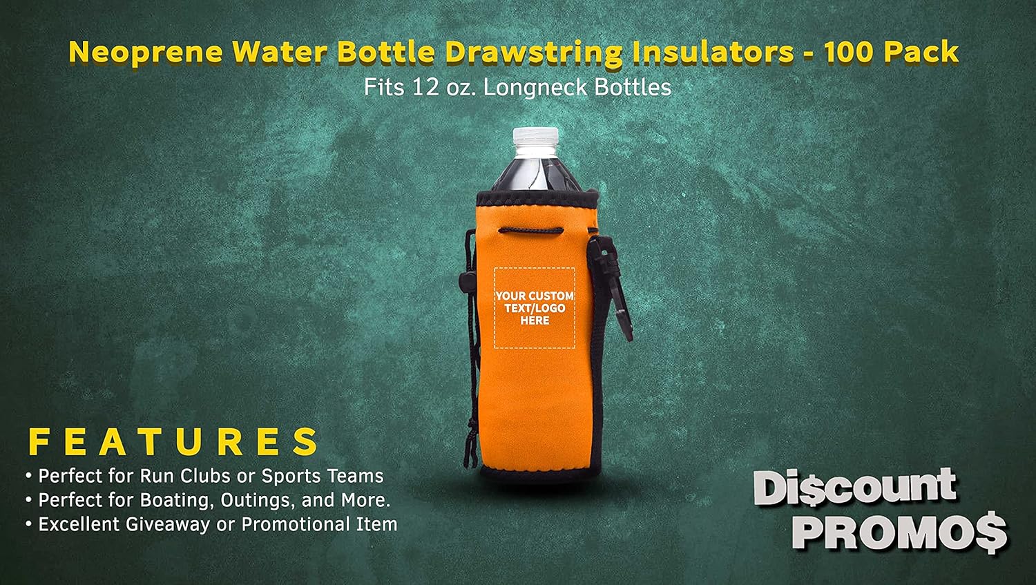 100 Neoprene Water Bottle Drawstring Insulators Pack - Customizable Text, Logo - 12 oz. Longneck, Hook - Neon Orange