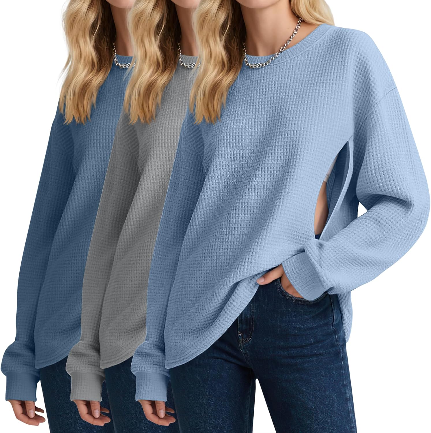 3 Pack Women’s Oversized Nursing Tops, Waffle Knit Breastfeeding Zipper Sweatshirt Long Sleeve Maternity Shirts