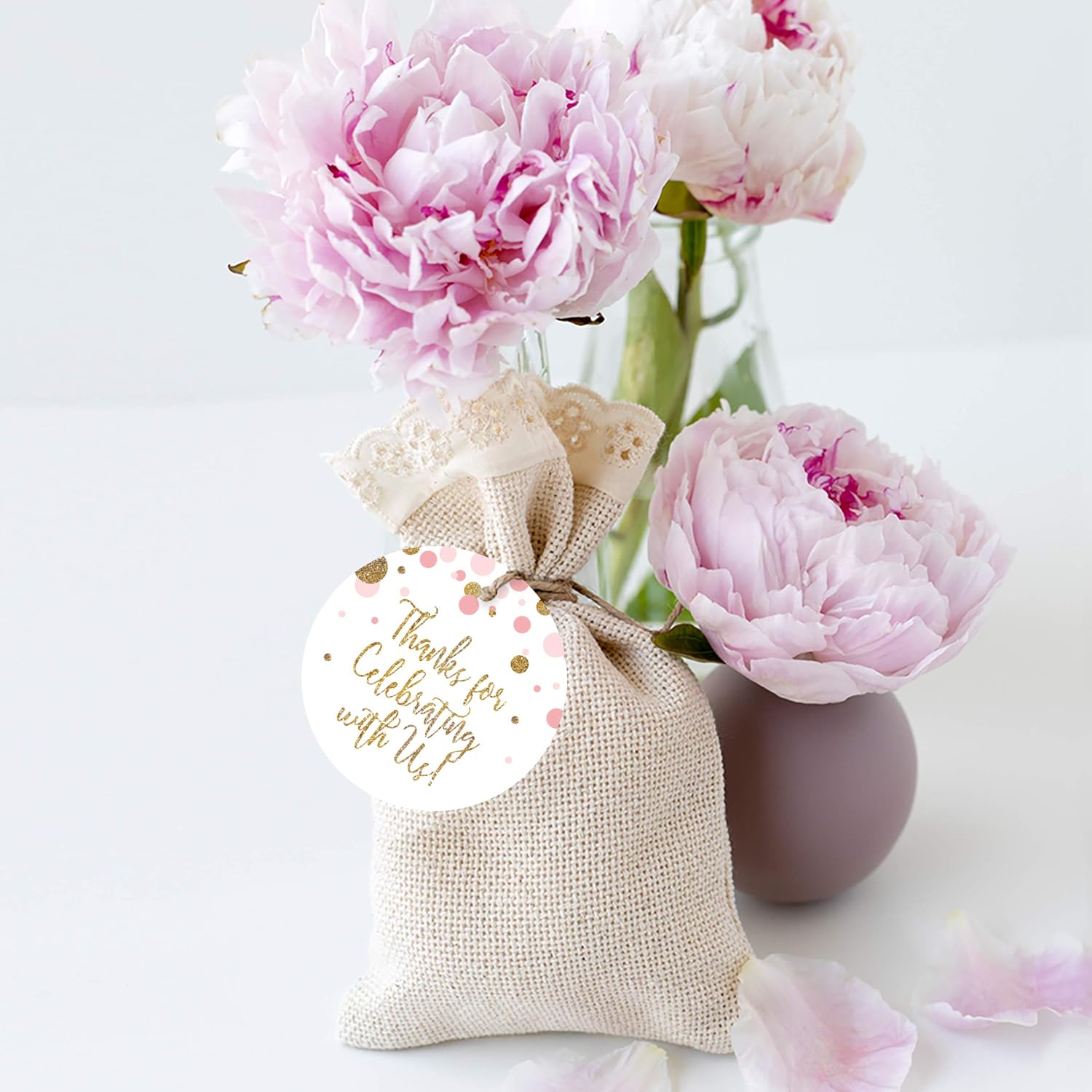 Andaz Press Blush Pink Gold Glitter Girl Baby Shower Party Collection, Round Circle Gift Tags, Thank You for Celebrating With Us, 24-Pack