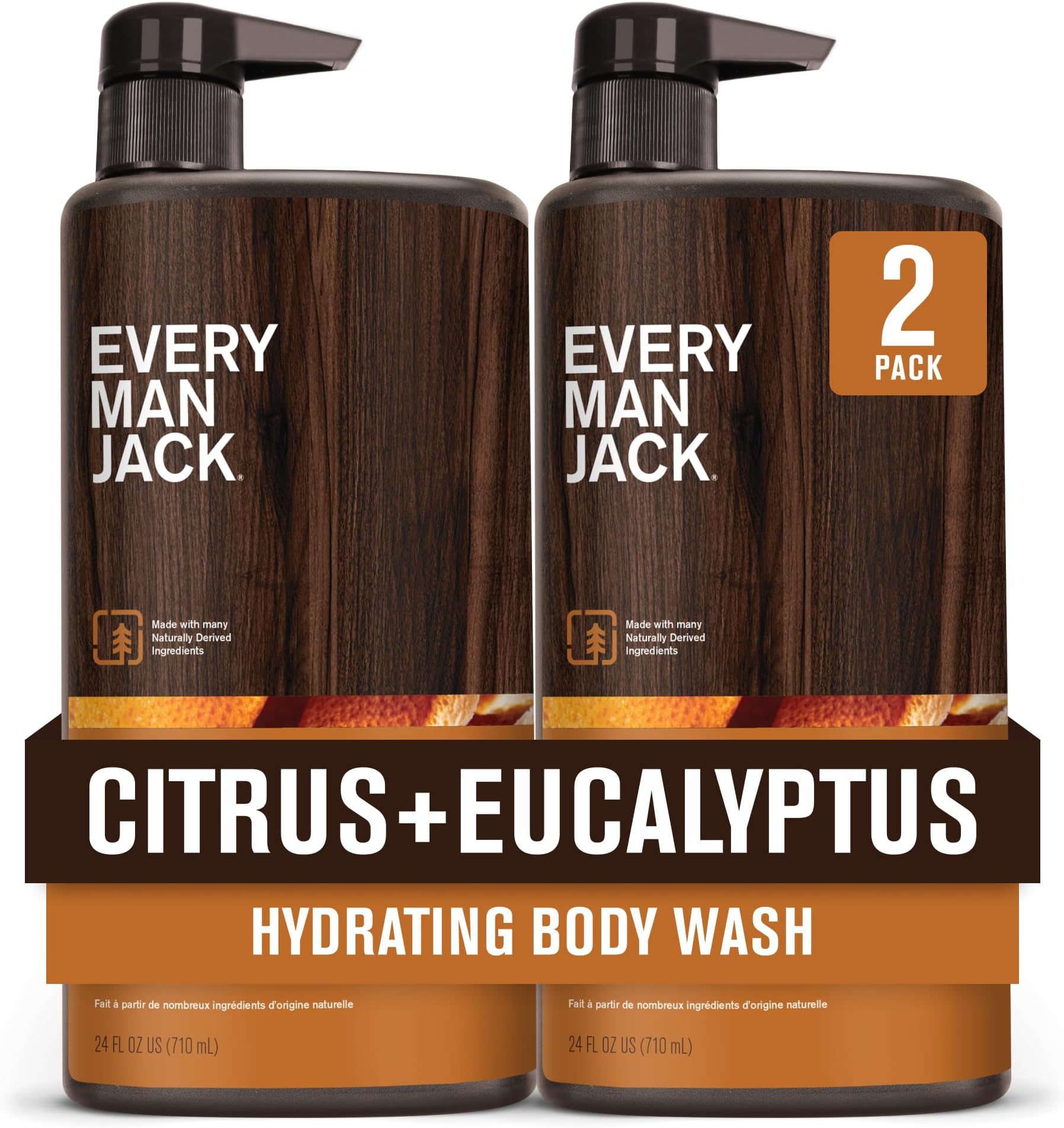 Every Man Jack Nourishing Citrus + Eucalyptus Mens Body Wash for All Skin Types - Naturally Derived Ingredients - Cleanse and Hydrate Skin with Coconut and Glycerin - 24 Fl Oz (2 Pack)