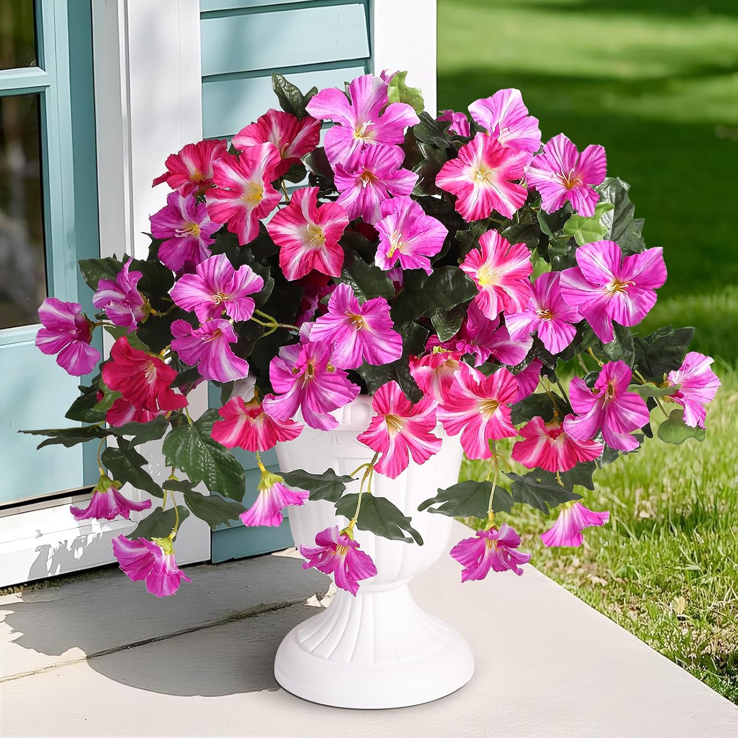 Garisey Artificial Fake Flowers for Outdoor Indoor Garden Home Decoration, 2PCS Faux Petunias Silk Flower UV Resistant & Fade-Resistant, Fake Morning Glory Outside Balcony Yard Porch (Red Lotus)