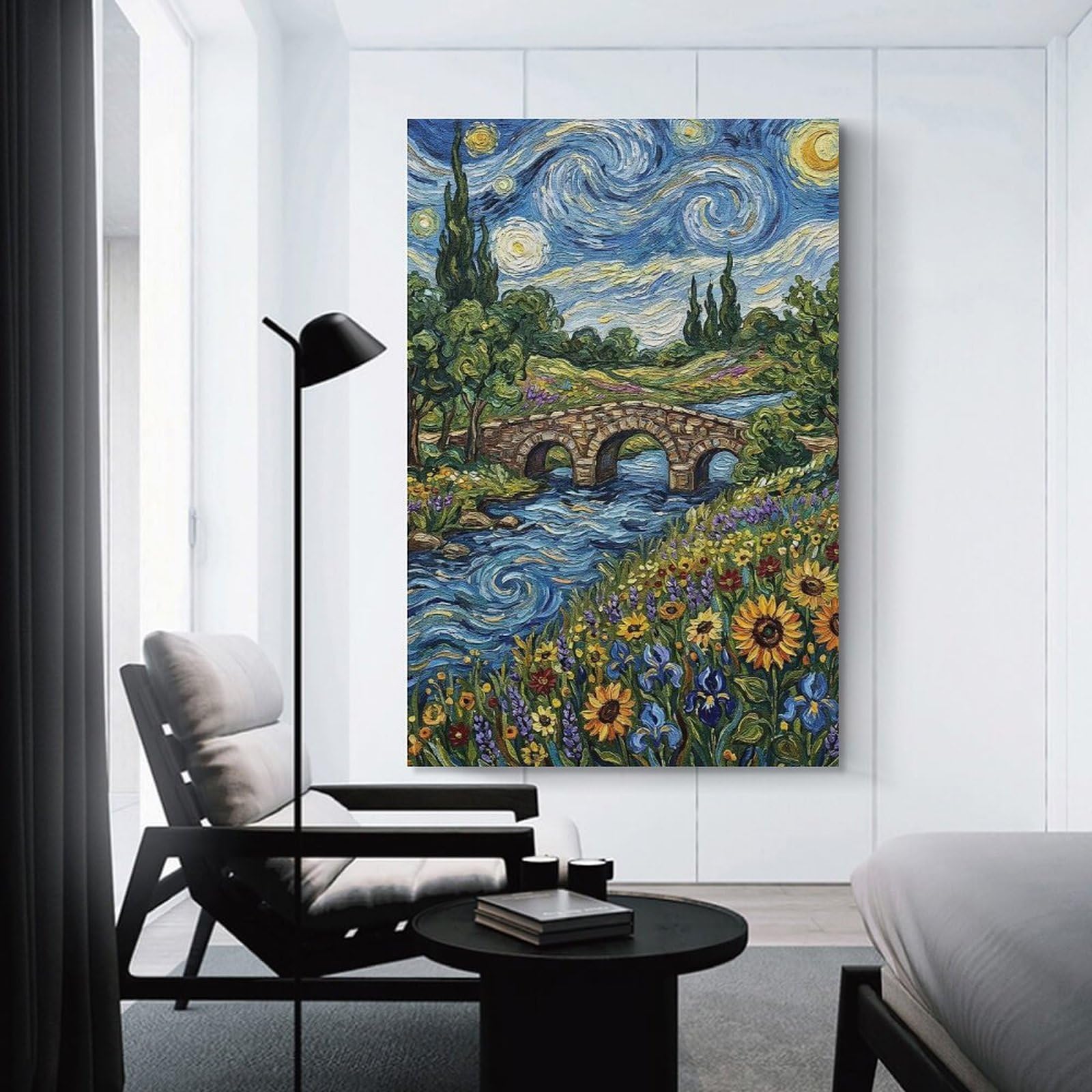 Junmoney Starry Night Inspired Landscape Painting Decorative Wall Artwork 12x18inch(30x45cm), for Home Lounge, Bedroom Or Reading Nook, Easy Decor for Gallery Walls