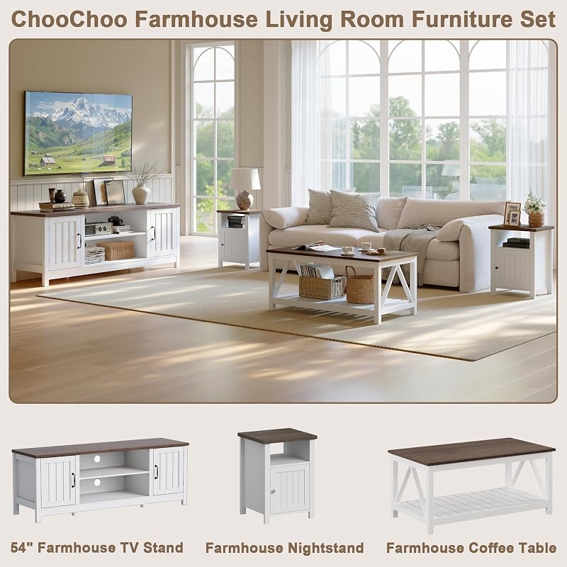 ChooChoo 54" Farmhouse TV Stand with Storage Cabinet and Open Shelves image 3