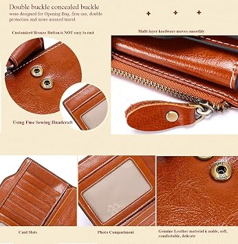 Womens Wallet small genuine leather wallets large capacity wallet 20 card Slots double Button Cash Cluth Purses with Zipper Pocket Shielding scanning Lining many color for wallet women small