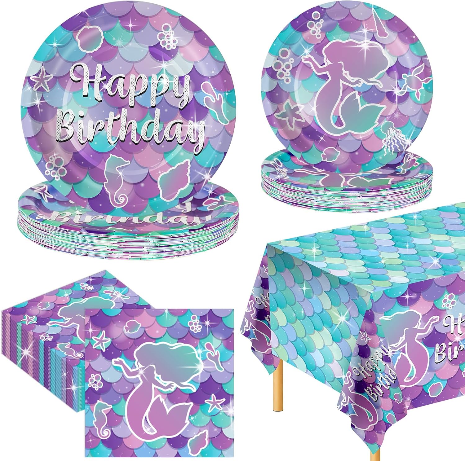 76 Pcs Mermaid Birthday Decorations - Mermaid Party Supplies Set Includes Plates Napkins and Tablecloth, Mermaids Themed Birthday Tableware for Kids Girls Baby Shower Ocean Party Decorations,Serves 25