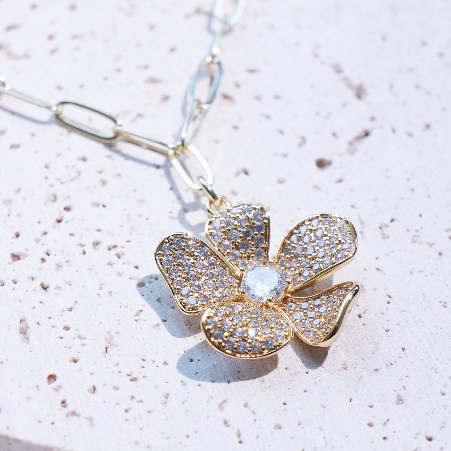 14K gold CZ Gems Flower Pendant Necklace for Women with Adjustable 16-18'' Chain (Gift Box Included) Romantic Jewelry for her (Birthday, Anniversary, Valentine’s Day, Graduation, Christmas) - Image 3