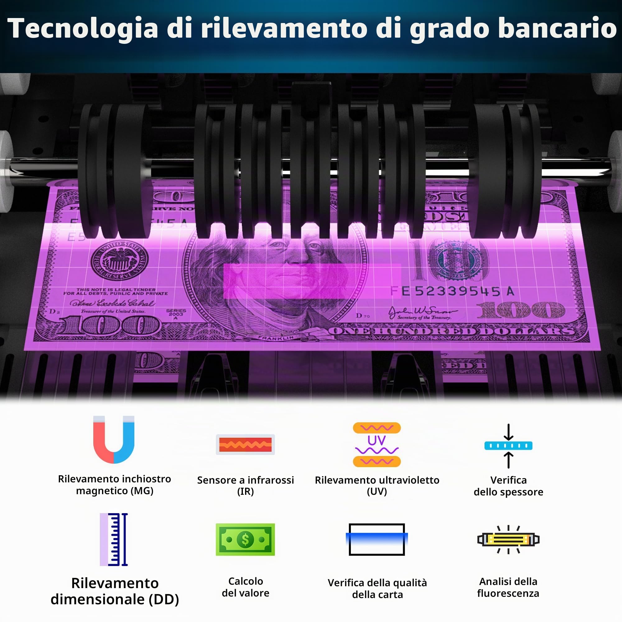 Contatore di denaro PONNOR con valore conteggio banconote, dollaro, euro con UV/MG/IR/DD/DBL/HLF/CHN rilevamento contraffazione, conteggio banconote, grande display LCD