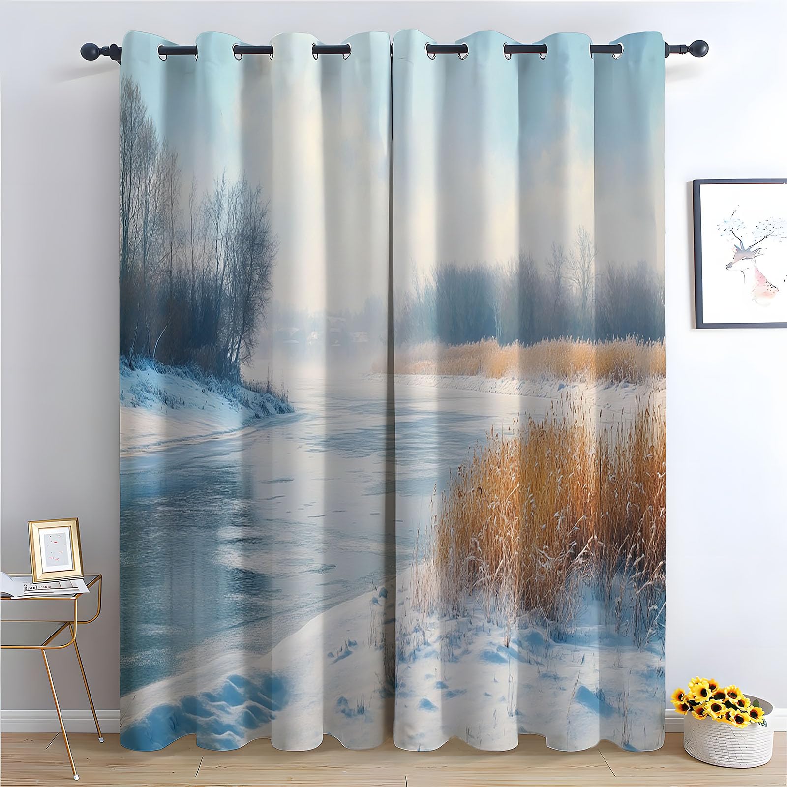 WIKEO Floral Curtains Winter Beach Scenery - Botanical Pencil Pleated Drapes - for Bedroom Drop Eyelet Curtain, Thermal Insulated Blackout 2 Panels-52 W x 96" L (Pack of 2)