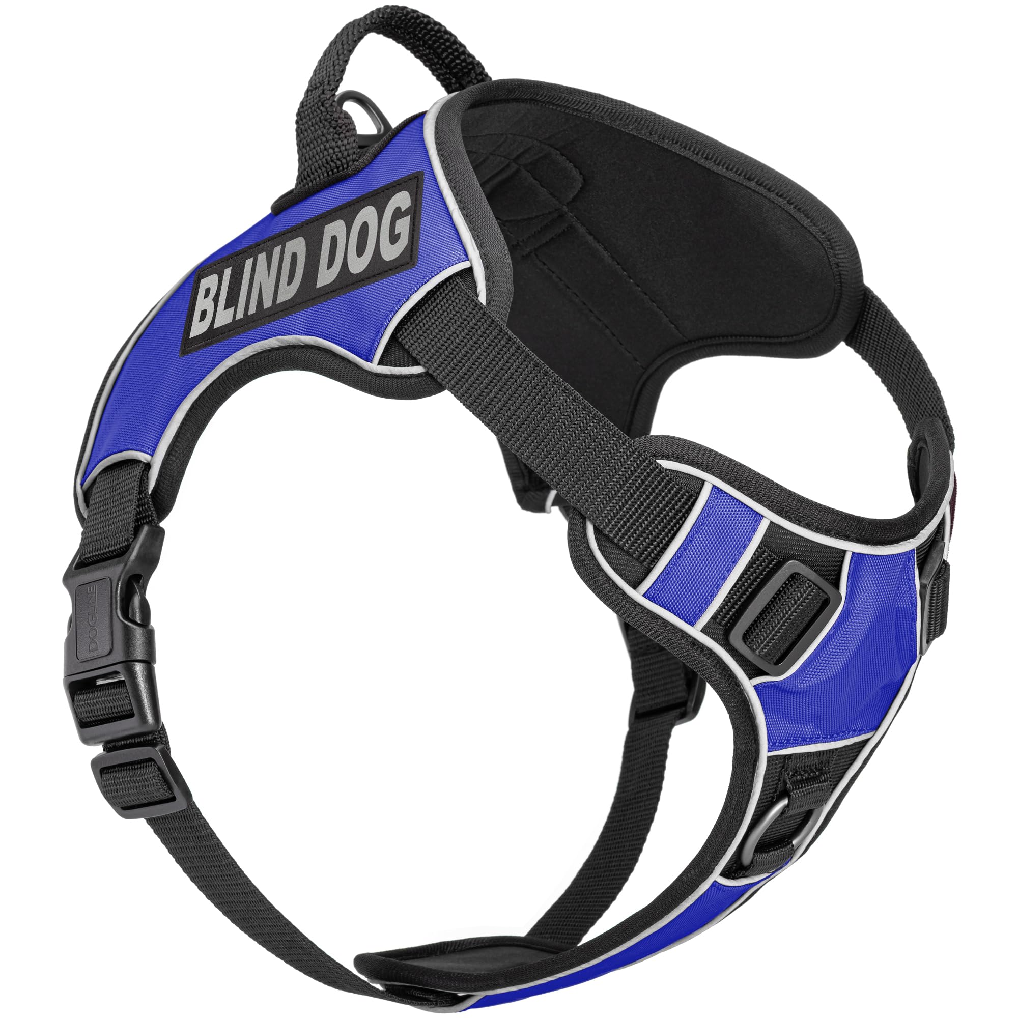 Dogline Quest - Pettorina per cani anti-tiro, con cerotti riflettenti e rimovibili, riflettenti, morbida, confortevole, con doppia fibbia, con ferramenta nera e manico da 32 a 101,6 cm, blu