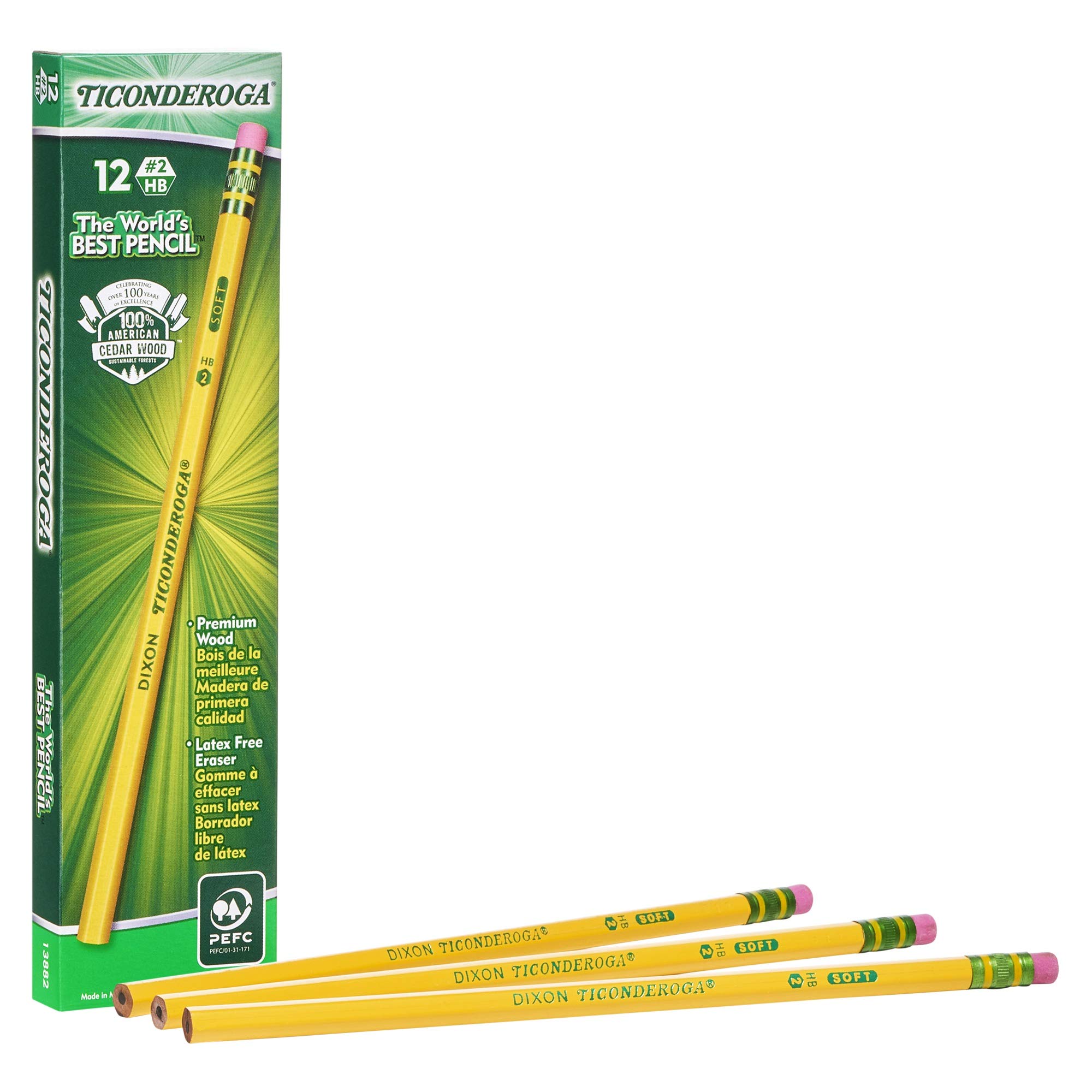 Ticonderoga Dixon Wood-Cased Pencils, #2 HB, Yellow, Box of 12 (13882)