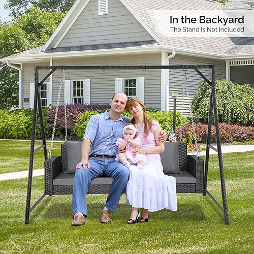 Miniatura 7 de VINGLI Columpio colgante de mimbre resistente de 800 libras con cojines y cadenas, banco de mimbre para exteriores de 5 pies para jardín, patio,