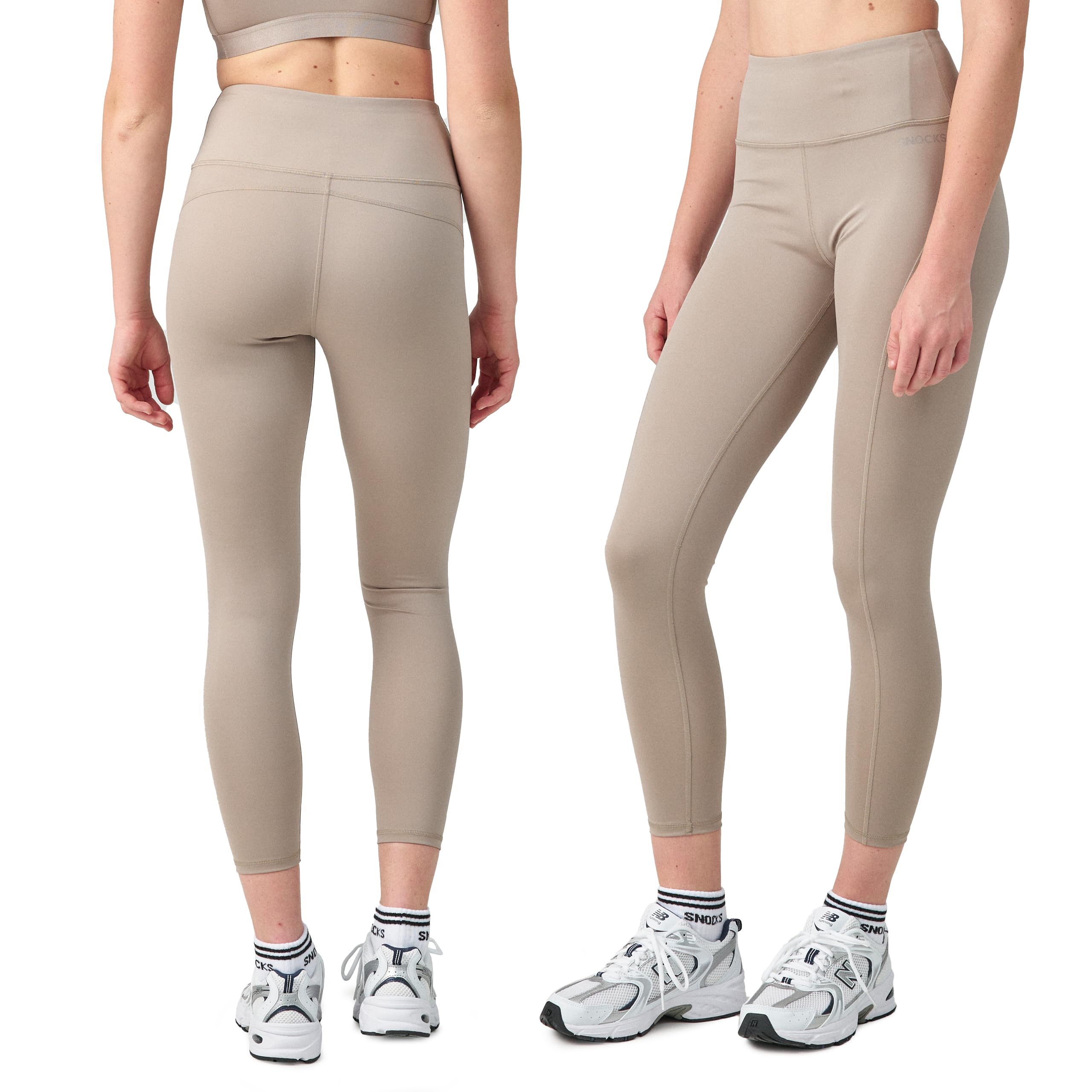 Snocks High Waist Leggings Lang Damen - Sport mit Bauchkontrolle und Anti-Squat - Blickdichte Sporthose - Super Dehnbar - Push Up Sportswear ideal für Yoga, Laufen, Gym - Gr. M, Farbe Taupe