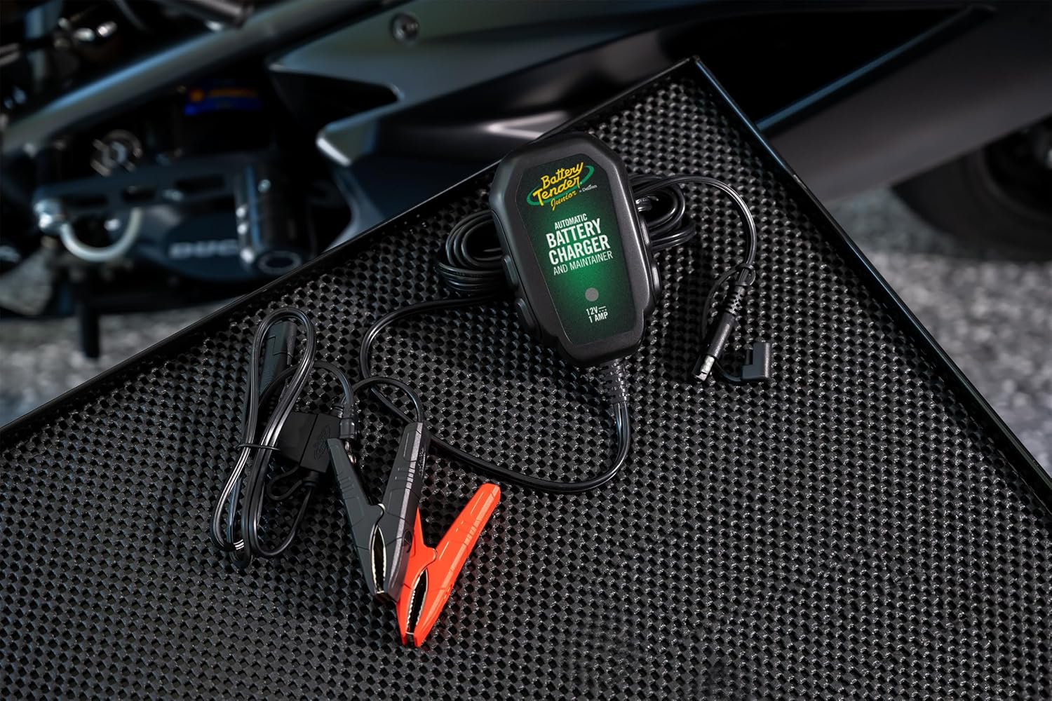 Battery Tender Junior connected to battery terminals