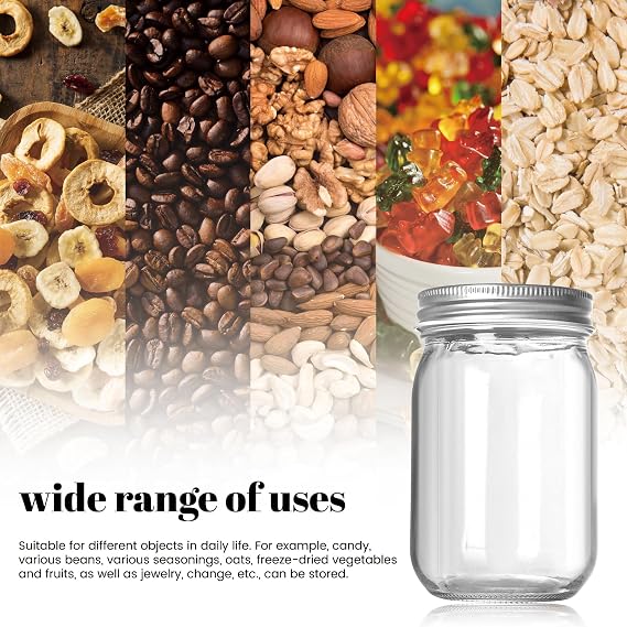 Mason Jars 5oz to 32 oz, Quart Wide Mouth Mason Jar With Airtight Lids,Glass Canning Jars for Fermenting, Pickling,Meal Prep,Overnight Oats & Centerpieces (silver-1, 380ml)