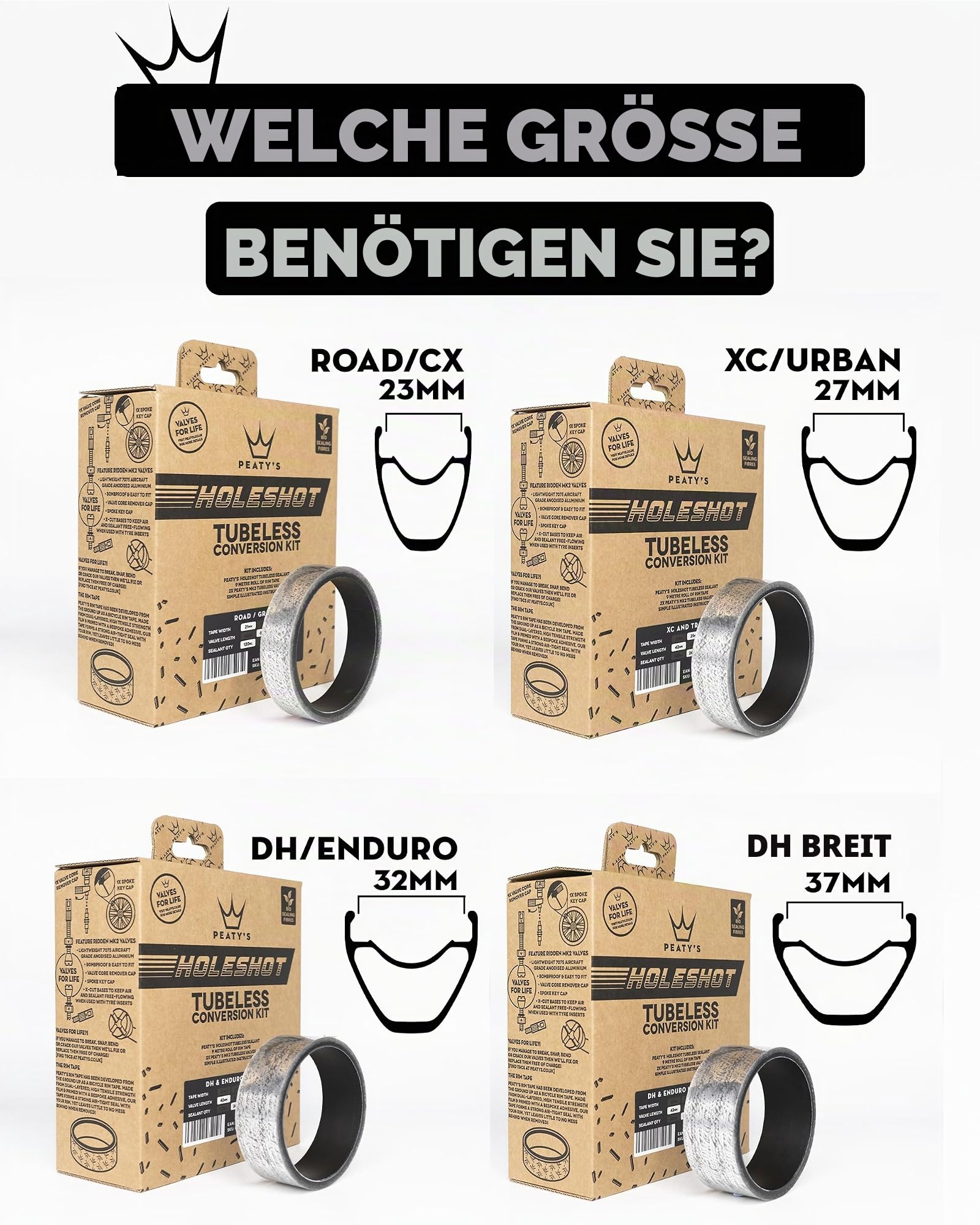 Peaty's Holeshot Tubeless-Umrüstkit - XC und Trail, 25mm Felgenband, 42mm Tubeless Ventil, 2 x 120ml Biofibre Reifendichtmittel Fahrrad, Felgen- und Pannenschutz Fahrrad, Zubehör für Reifen & Felgen