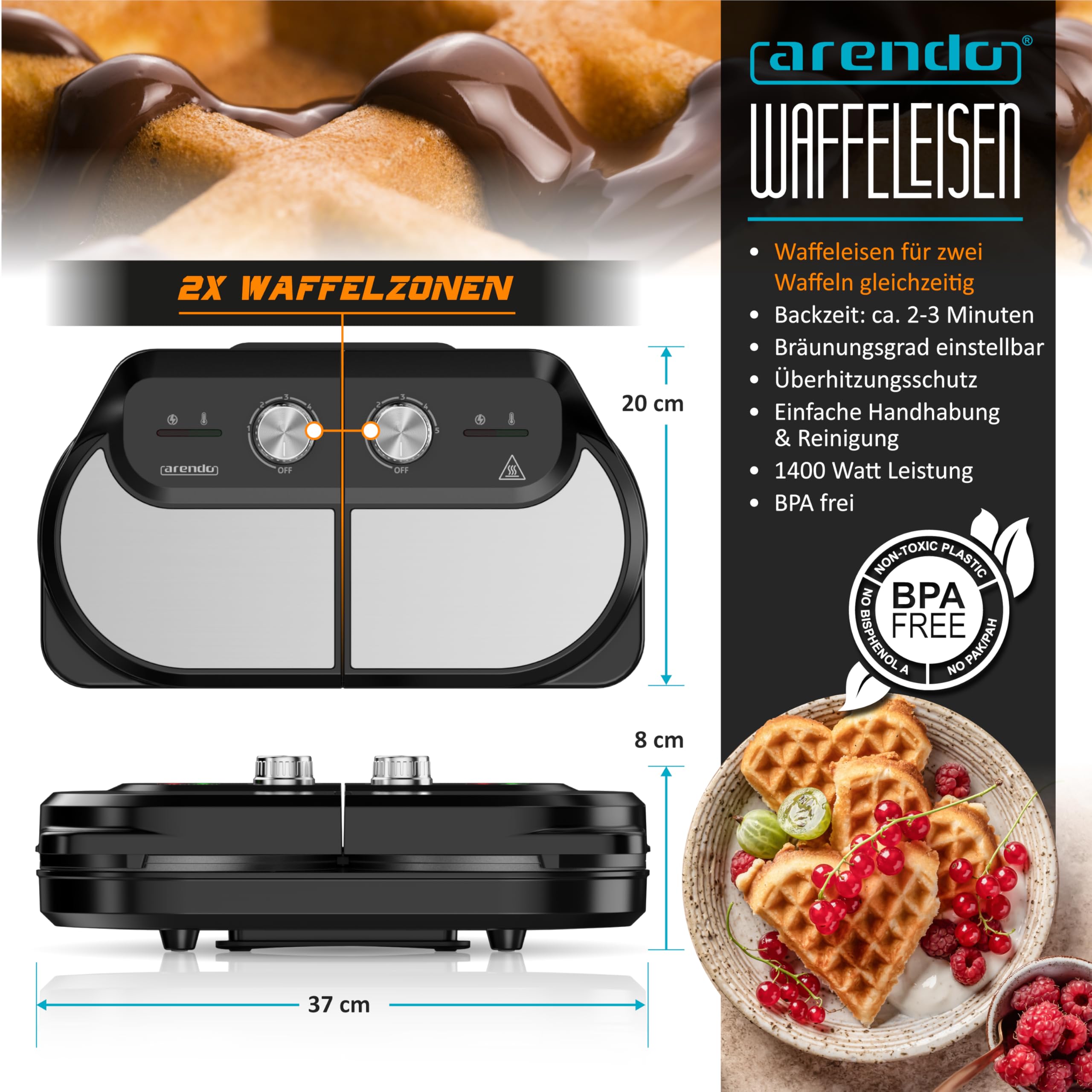 Arendo - Waffeleisen doppelt - Belgische Waffel/Herzform - zwei verschiedene Designs - 2 Zonen - Temperaturregler - Antihaftbeschichtung – 1400 W - Edelstahl - silber/schwarz - BPA frei