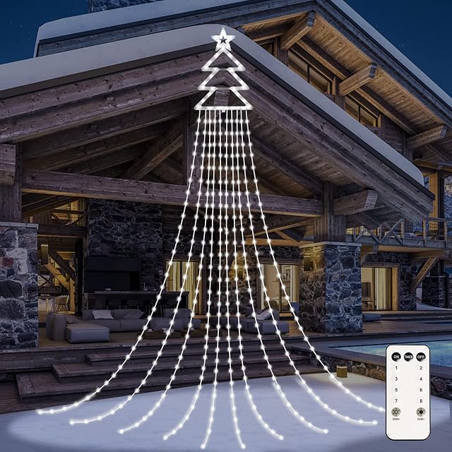 Christmas Lights Outdoor, RJEDL 420 LED 3.8m x 10 Strand Christmas Tree Lights with 19in Topper Star, 8 Modes Timer Waterfall Christmas Fairy Lights for Halloween Xmas Tree Home Decoration(Cool white)