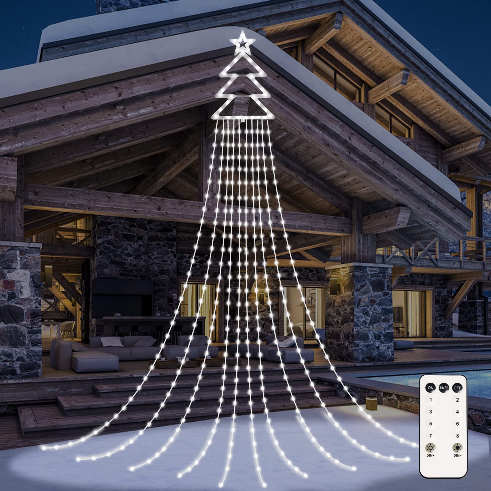 Christmas Lights Outdoor, RJEDL 420 LED 3.8m x 10 Strand Christmas Tree Lights with 19in Topper Star, 8 Modes Timer Waterfall Christmas Fairy Lights for Halloween Xmas Tree Home Decoration(Cool white)