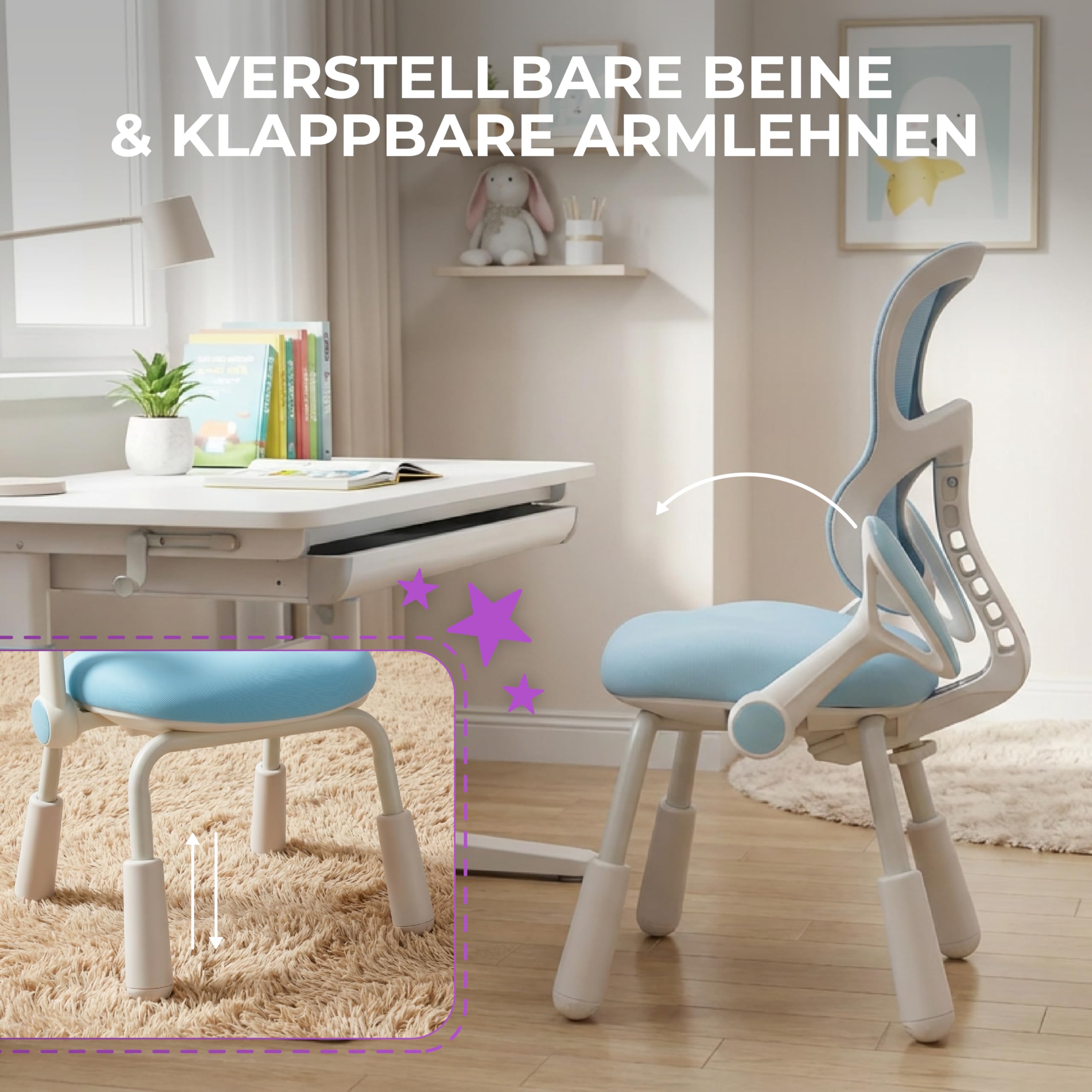 Spacetronik Schreibtischstuhl Kinder ohne Rollen, Sitzhöhe 38-46cm höhenverstellbar, Kinderstuhl mit klappbarer Armlehne, Kinderschreibtischstuhl für Jungen & Mädchen