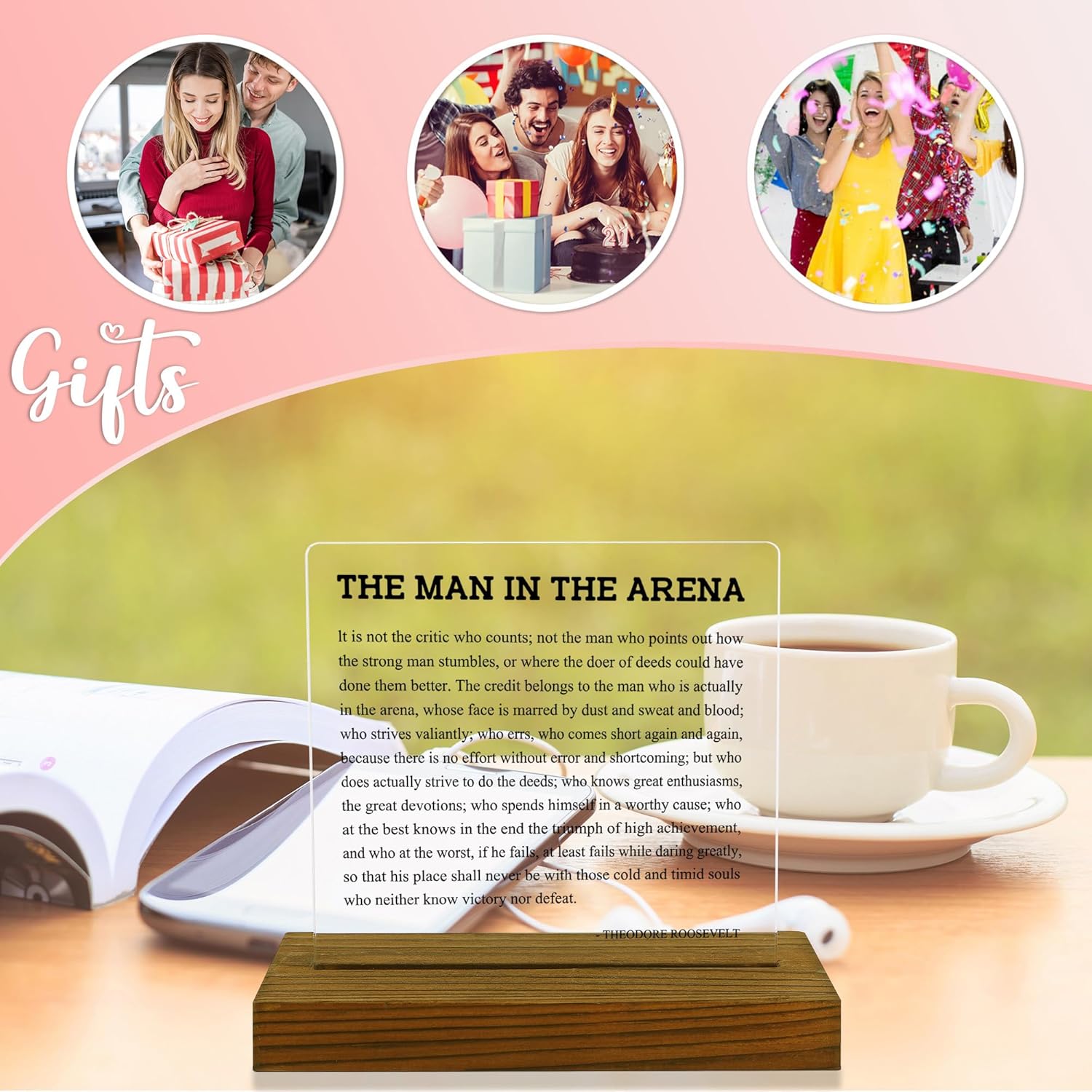 The Man in the Arena Desk Decor, Entrepreneur Gifts for Men, Positive Affirmation Gifts for Men, Motivational Gift for Man, Acrylic Desk Decor Sign with Wood Stand - FSA221 - Image 6