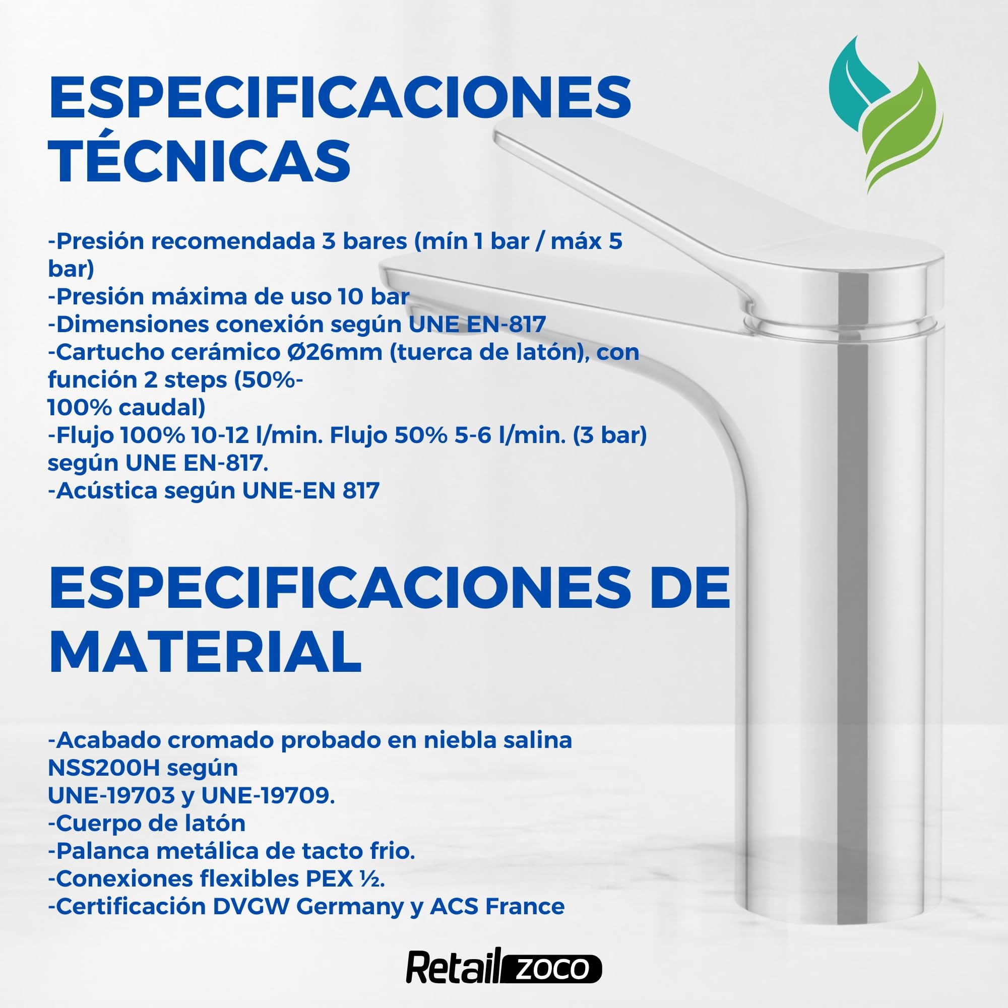 Grifo de Lavabo Monomando, Grifo Borras Colección Avance, con cartucho de doble step para el ahorro de energía y agua, Altura total de 138 mm, proyección del caño de 145 mm, acabado cromado