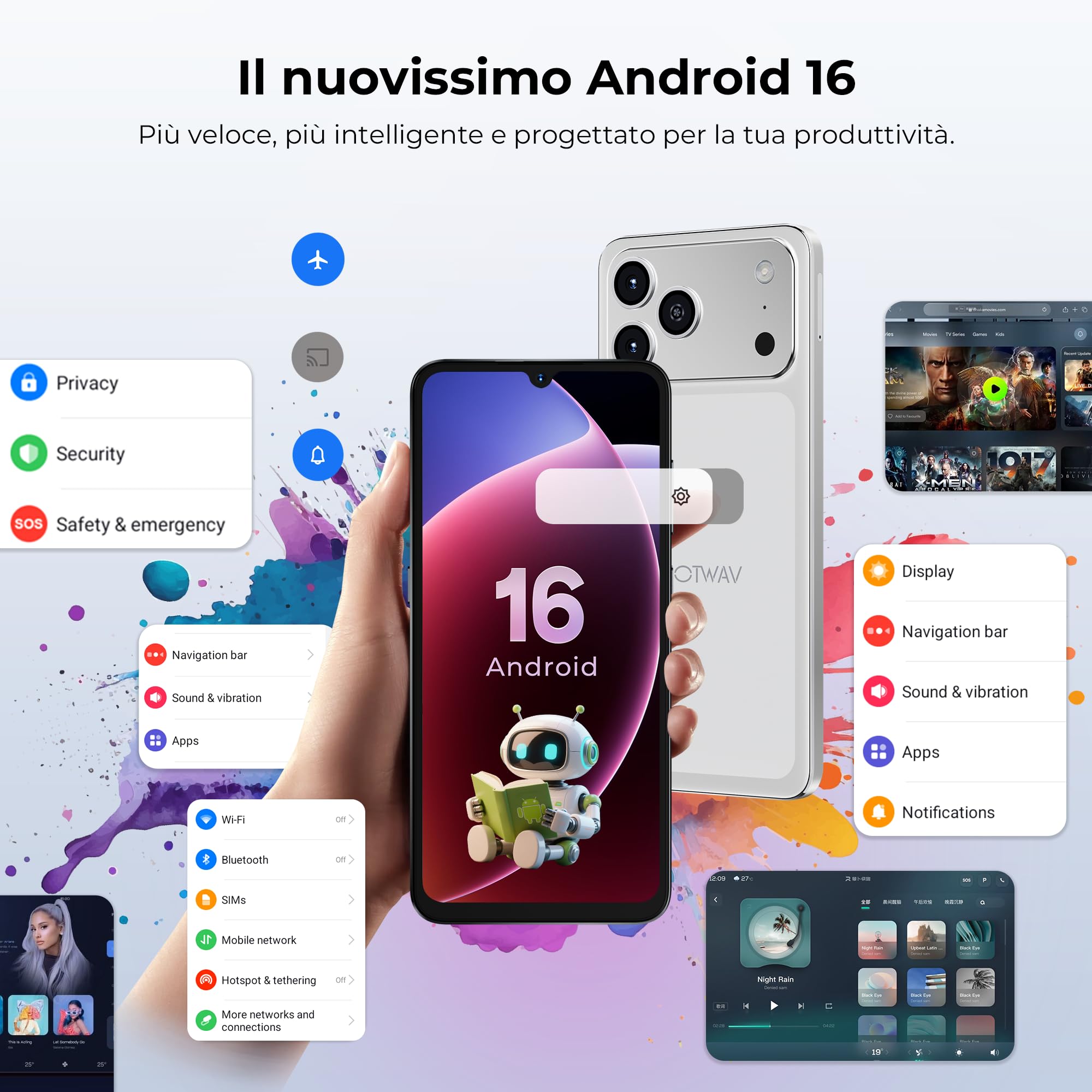 HOTWAV X100 GT Smartphone Android 16 con IA 20GB+256GB/TF TB Telefono Cellulare 5160mAh Cellulare 6.9" 120Hz Telefoni 48MP+16MP Touchscreen Secondario Telefono/Vibrant Island/Telecomando IR/NFC/GPS