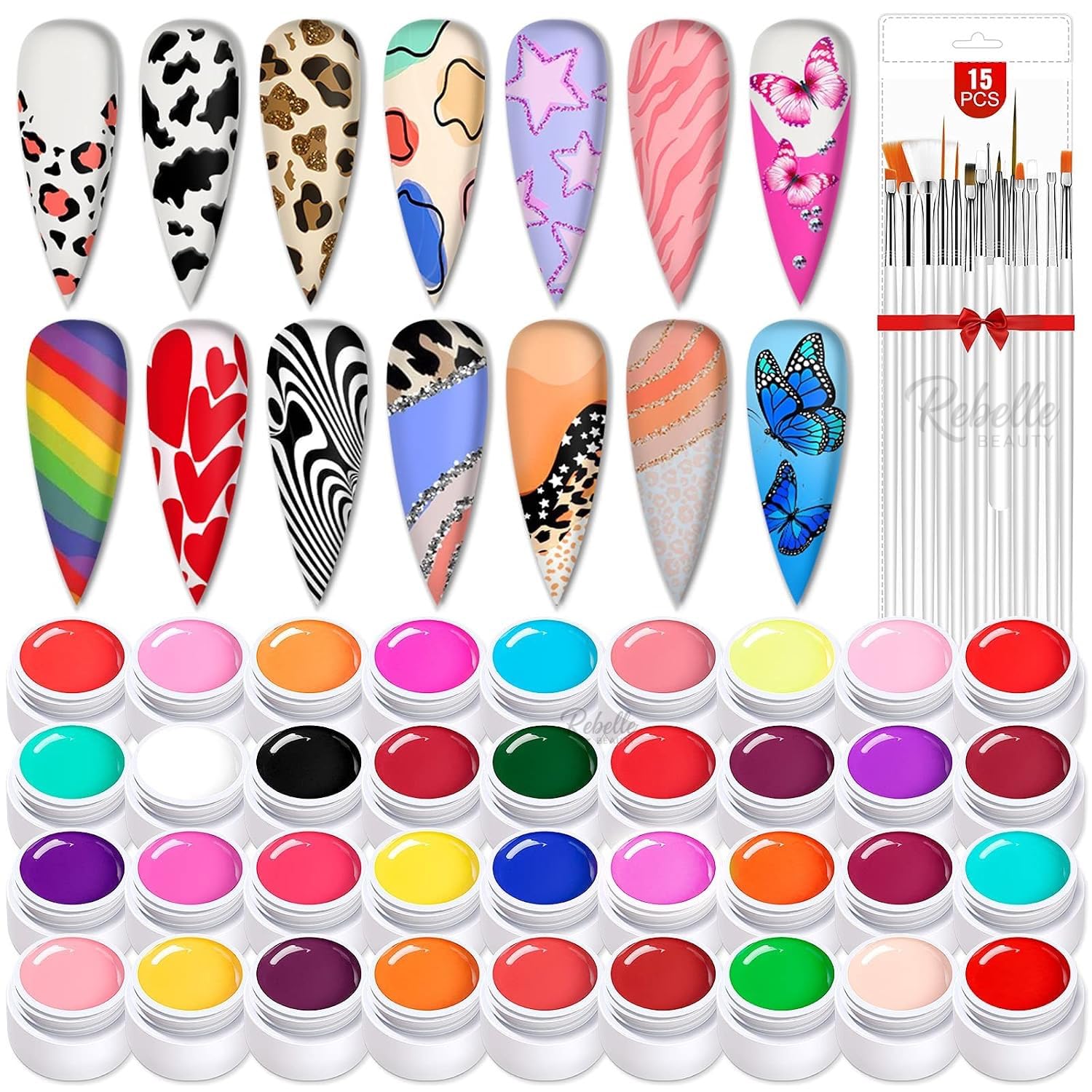 36 colors solid gel paint kit with 15-piece nail art brush set | professional gel nail polish for diy nail art, detailed painting, manicure & home salon use