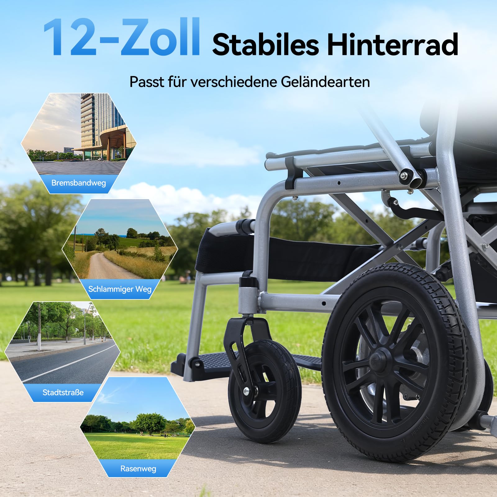 Elektrischer Rollstuhl mit langer Reichweite bis 20 km, stabil & bis 150 kg belastbar, faltbar für Transport, Anti-Kipp-System & Sicherheitsbremsen, für Alltag und Outdoor